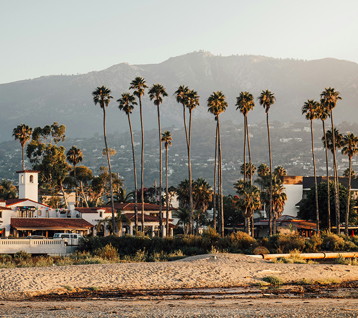 Santa Barbara shore looking from the ocean with the mountains in the background